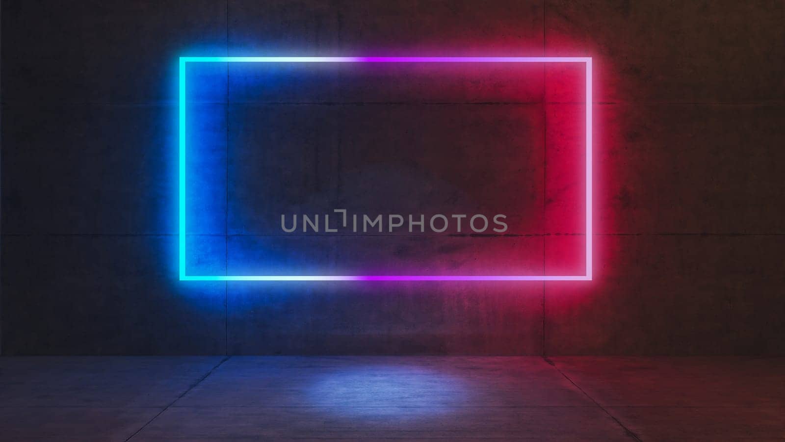 concrete wall and floor product platform and blue and red light neon rectangle on concrete wall 3D rendering