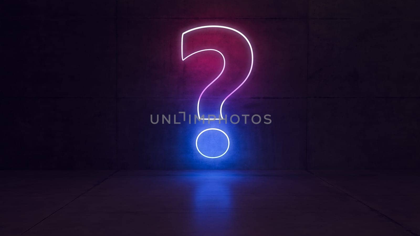 Neon light question marks concept in dark concrete empty room with red, blue, purple colors realistic abstract background 3D rendering