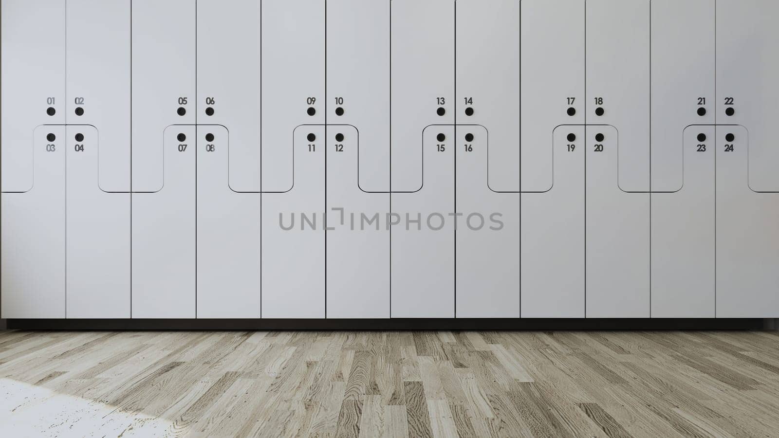 White wooden numbered Student locker in modern empty classroom concept 3D rendering.