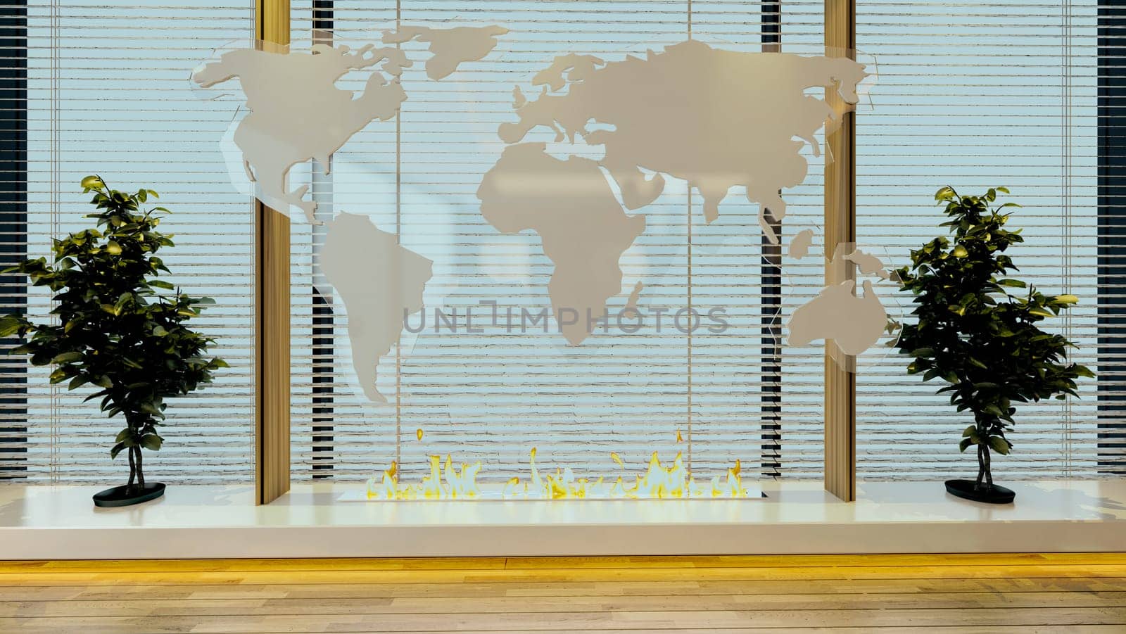 Office design with modern furniture fireplace area, world map furniture decor, lighting effect, plant 3d rendering