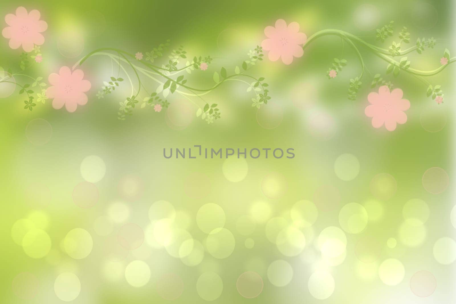 Hello spring background. Abstract bright spring or summer landscape texture with natural green yellow bokeh lights sun, flowers and bright sunny rays. Spring or summer backdrop with copy space.