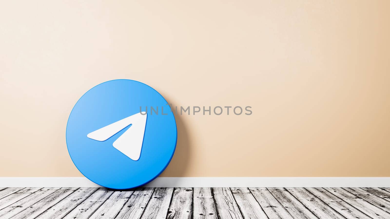Telegram Logo 3D Symbol Shape on Wooden Floor Against Orange Wall with Copy Space 3D Render Illustration