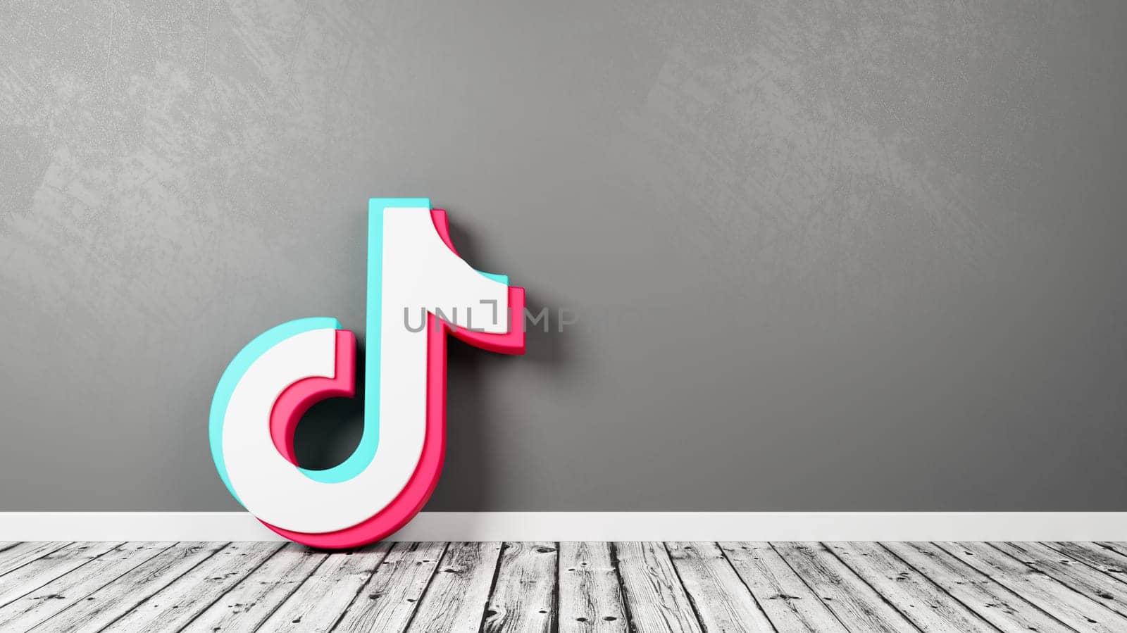 TikTok Logo 3D Symbol Shape on Wooden Floor Against Gray Wall with Copy Space 3D Render Illustration