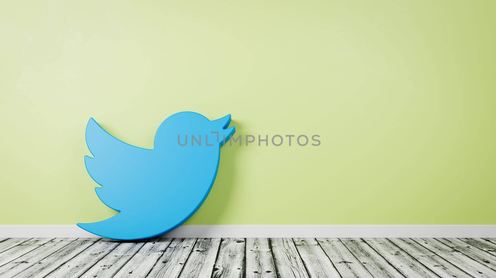 Twitter Logo 3D Symbol Shape on Wooden Floor Against Green Wall with Copy Space 3D Render Illustration
