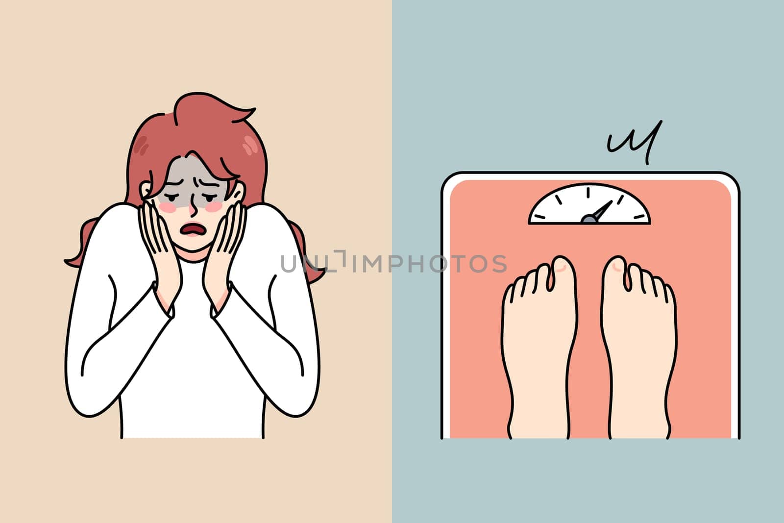 Unhappy stunned woman stand on scales shocked by weight on screen. Upset surprised female distressed with obesity or weighing problems. Diet and weigthloss. Vector illustration.