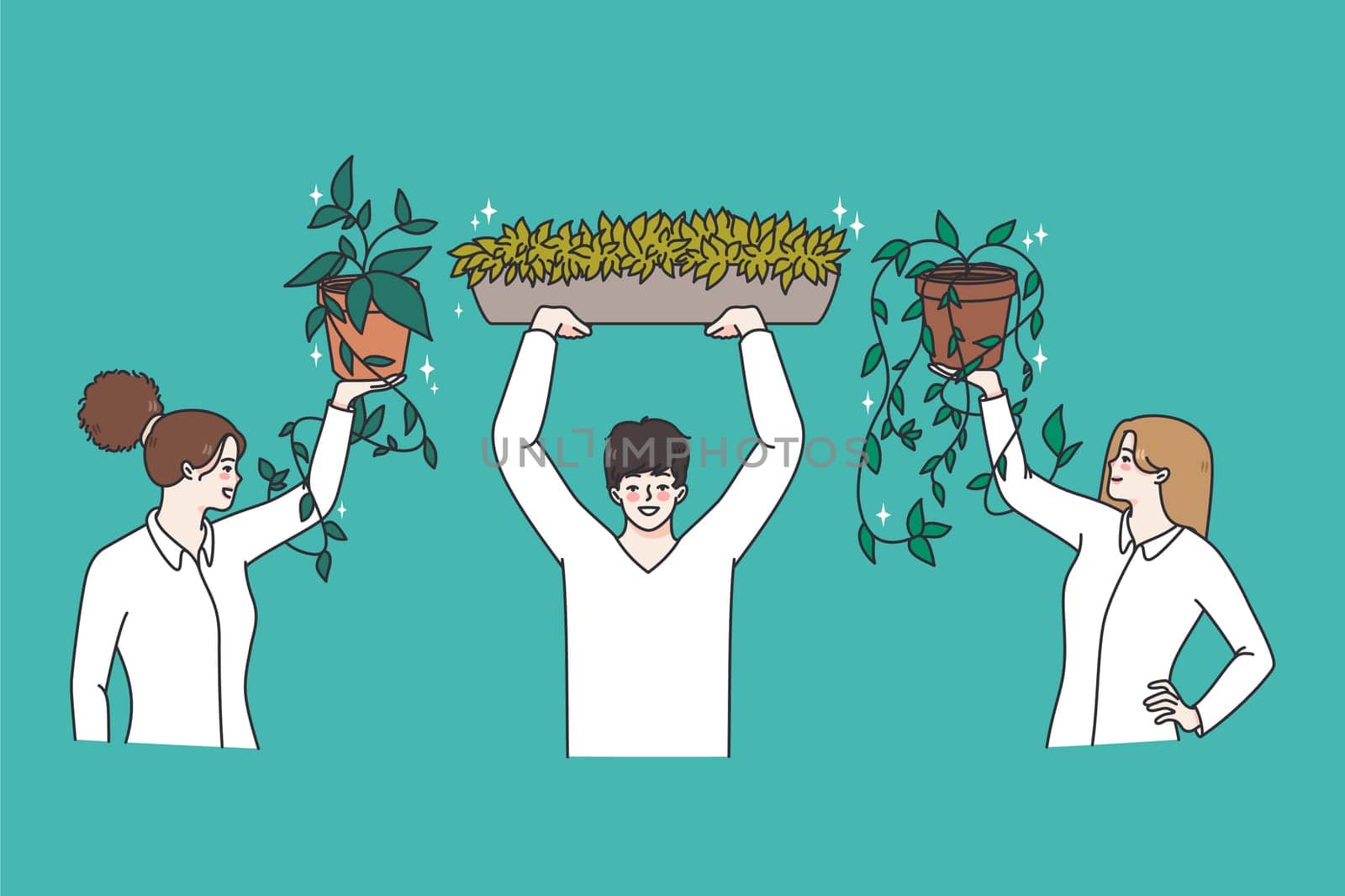 Smiling employees hold plants decorate office with greenery. Happy businesspeople with green flowers enjoy gardening making workplace cozy and comfortable. Flat vector illustration.