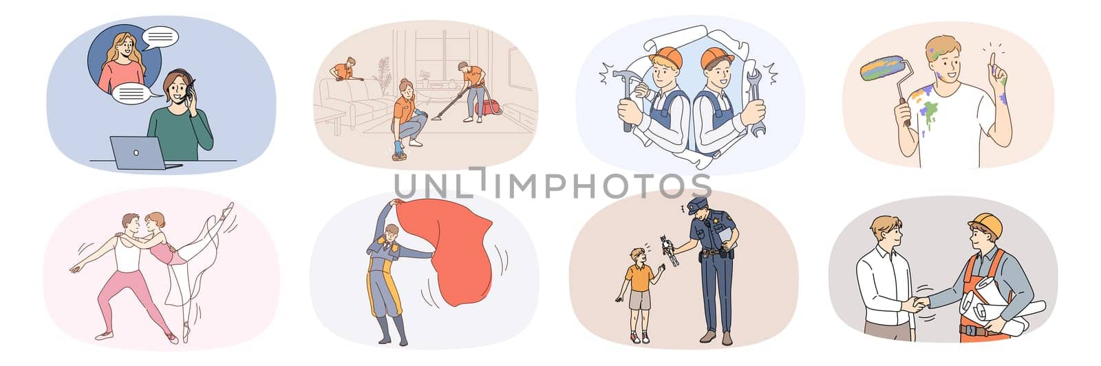 Set of male and female workers with occupations. Collection of diverse people and professions or jobs. Call canter agent, housekeeper and mechanic. Dancer, policeman, engineer. Vector illustration.