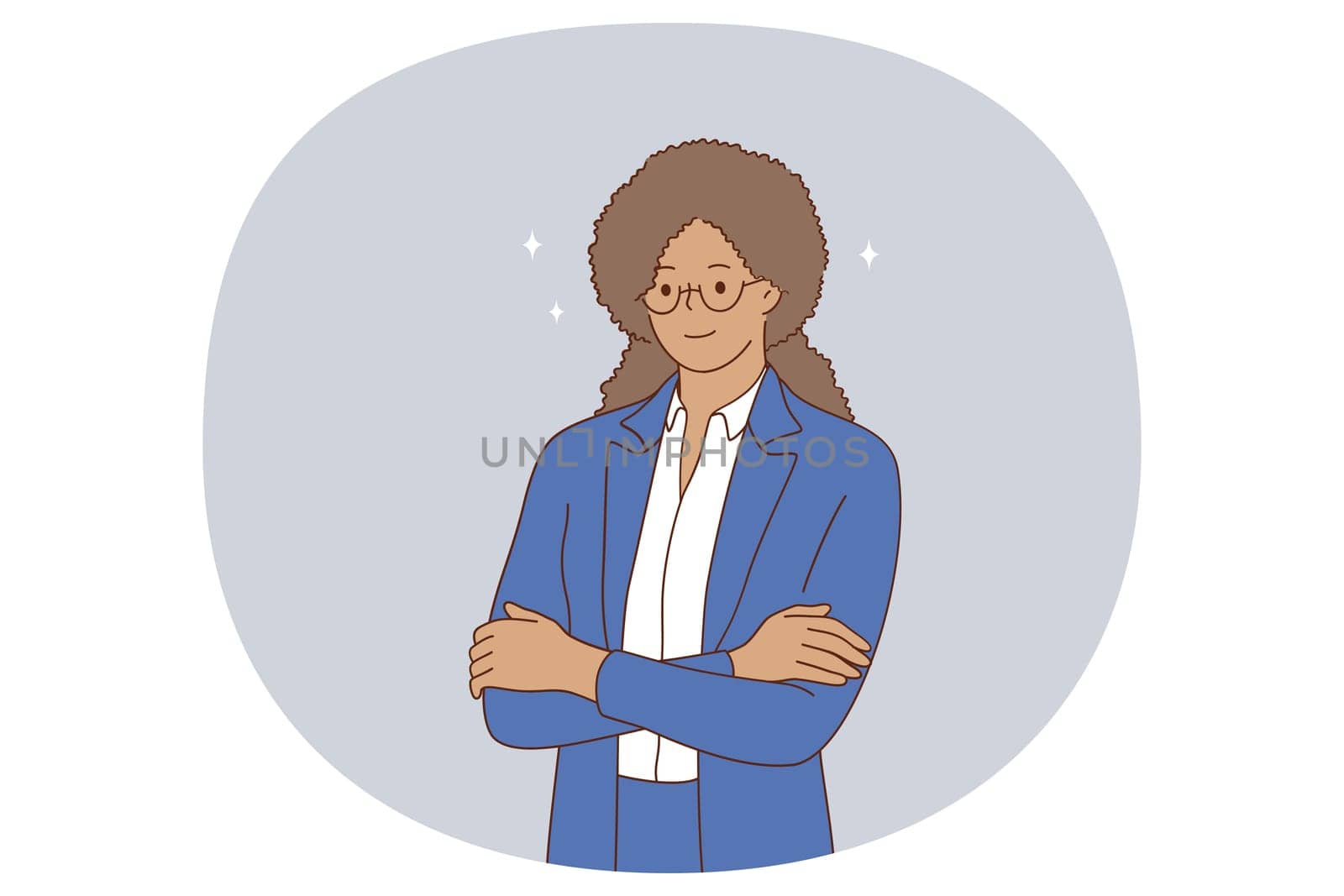 Black ethnicity business woman concept. Smiling positive business woman of black african american ethnicity in blue suit standing and looking at camera vector illustration