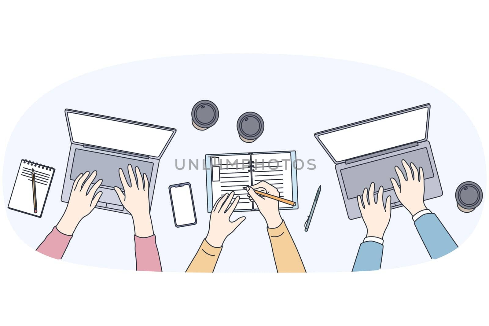 Teamwork and freelance work concept. Top view of human hands working on laptops together typing printing making notes with coffee vector illustration