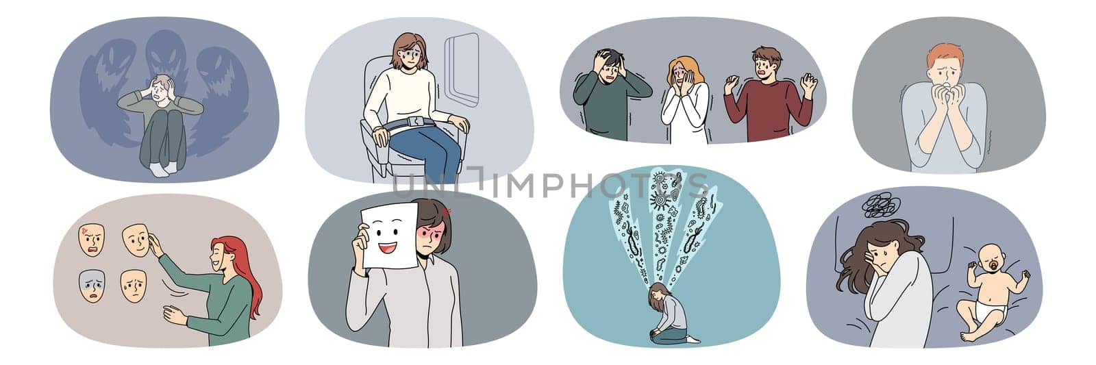 Set of scared diverse people feel terrified suffer from panic attack. Collection of men and women struggle with anxiety and fear, have psychological mental problems. Vector illustration.