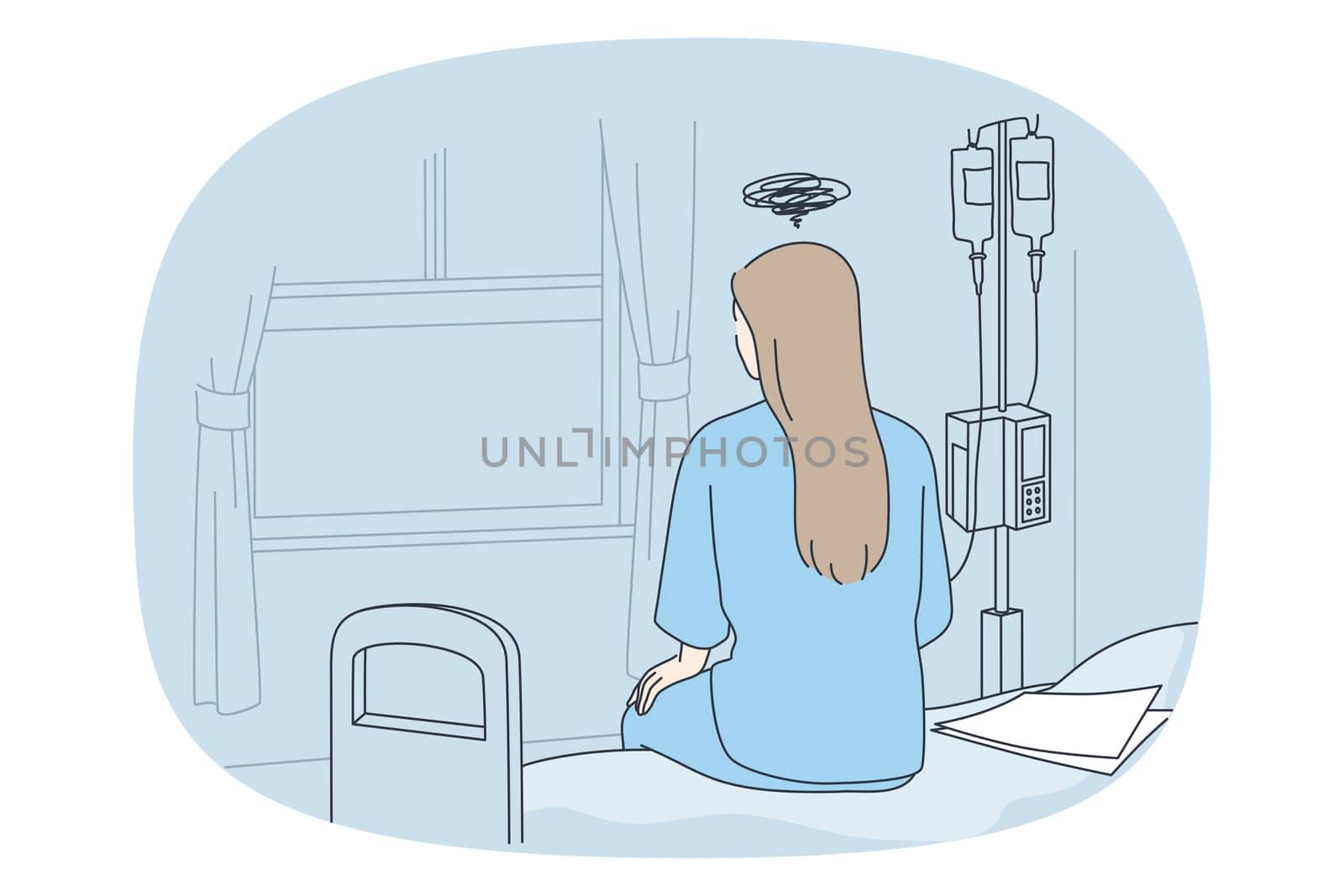 Cancer illness and sadness concept. Sad woman sitting on bed in clinic with dropper having chemotherapy trying to cure cancer vector illustration