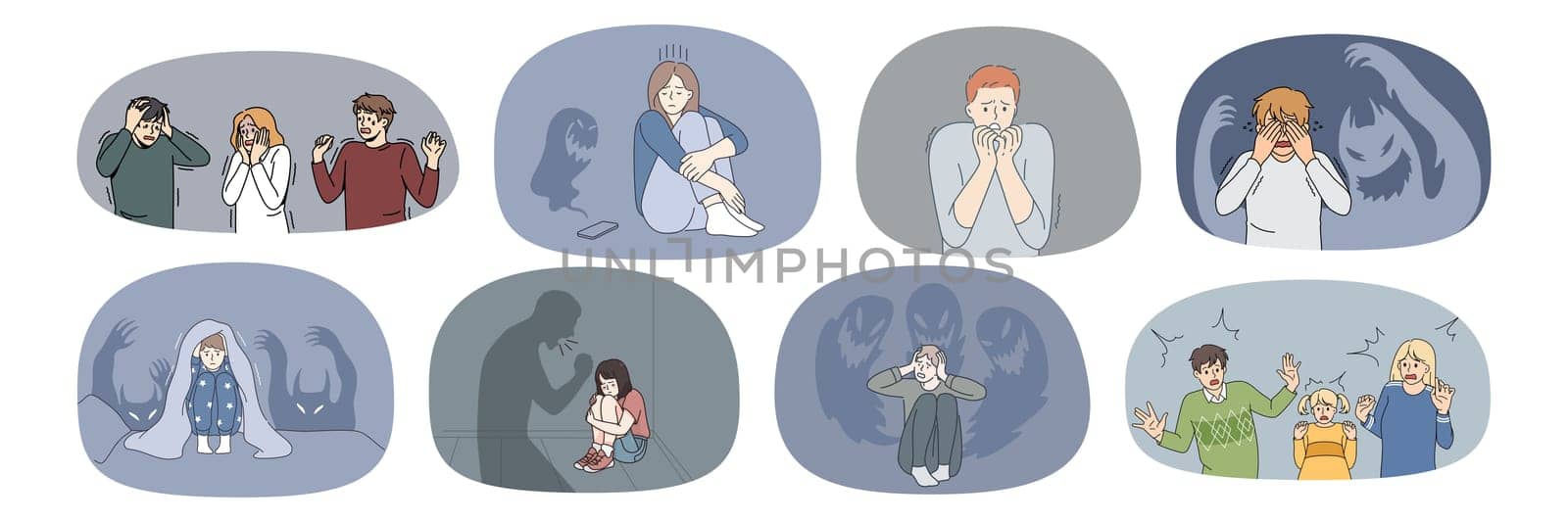 Set of terrified people scared unable to control emotions. Collection of frightened men and women feel fear and shock, suffer from bullying or psychological mental problems. Vector illustration.
