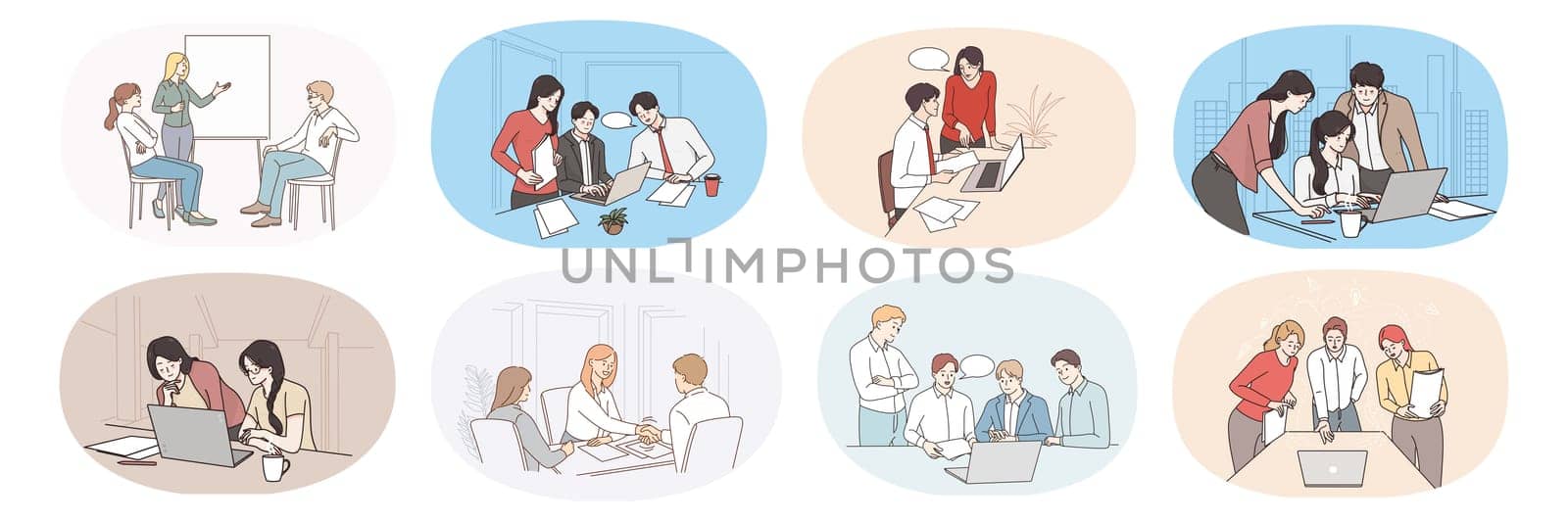 Set of busy successful office employees or workers cooperate together at meeting. Collection of businesspeople brainstorm discuss ideas at briefing. Teamwork. Vector illustration.