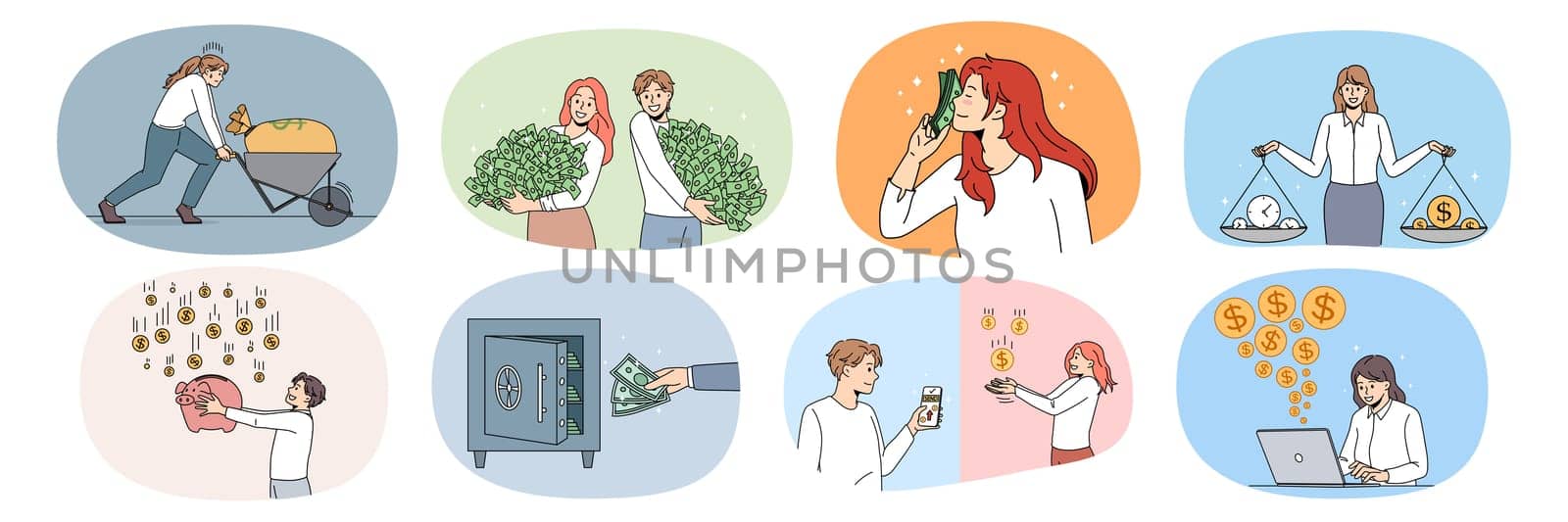 Set of diverse people with money piles get financial profit or income. Collection of men and women excited with money revenue, get dividend or passive capital. Finances. Vector illustration.