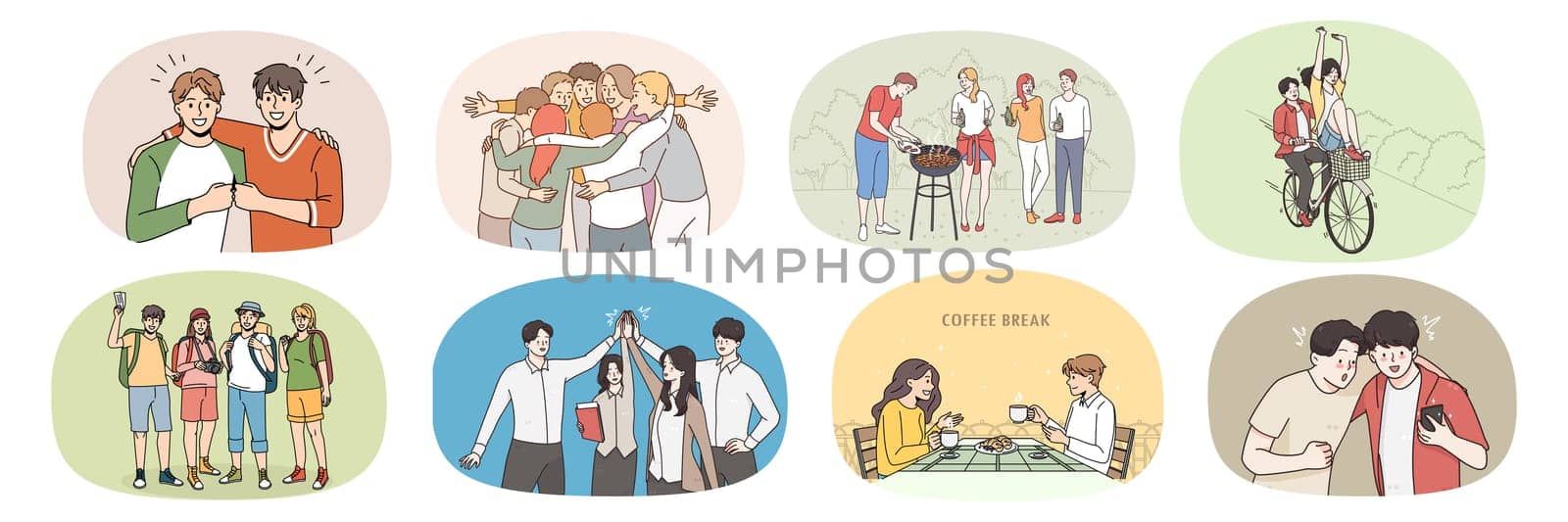 Set of smiling millennial diverse friends have fun enjoying leisure weekend together. Collection of happy young people relax rest on summer vacation. Youth friendship concept. Vector illustration.