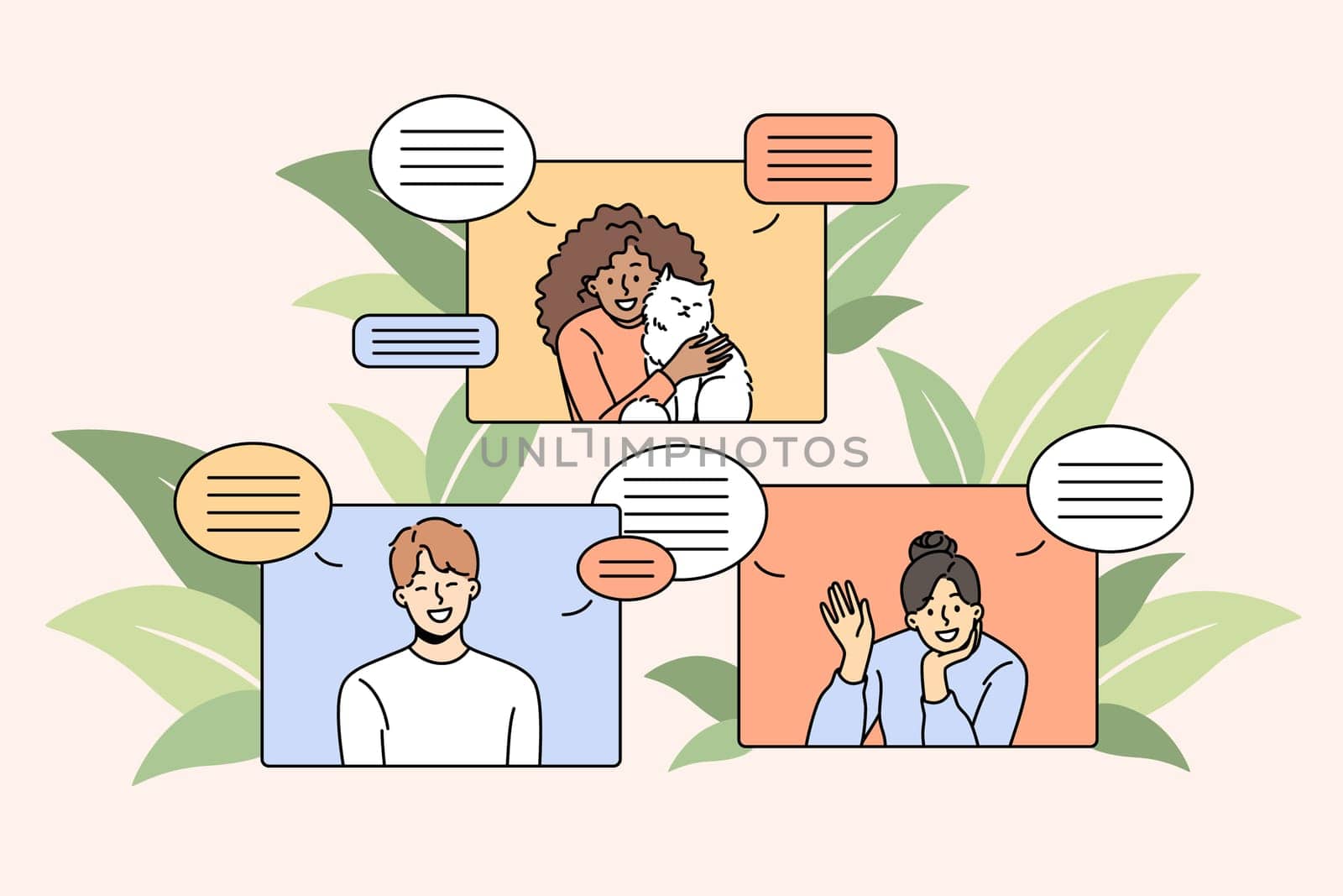 Smiling diverse people talk on video call on devices on lockdown. Happy international friends communicate via webcam event or conference. Communication and technology. Vector illustration.