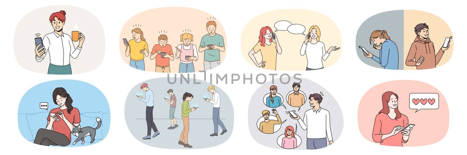 Collection of people overuse modern cellphone in daily life. Set of diverse men and women use smartphones, addicted to social media. Gadget and technology addiction. Vector illustration.