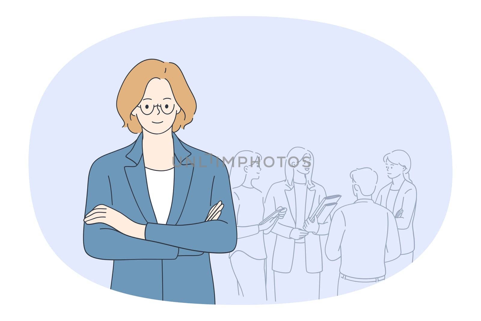 Woman boss and director concept. Smiling woman in glasses and suit standing with workers in office at background feeling confident vector illustration