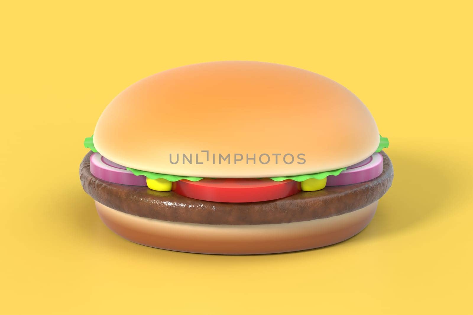 Fast food hamburger isolated on yellow background. American cuisine burger. Graphic design element for restaurant advertisement, menu, poster, flyer. 3D illustration