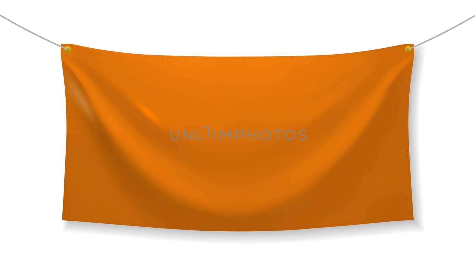 Orange fabric banner with folds and transparent shadow isolated on white background. Blank hanging textile template. Empty mockup. Vector illustration