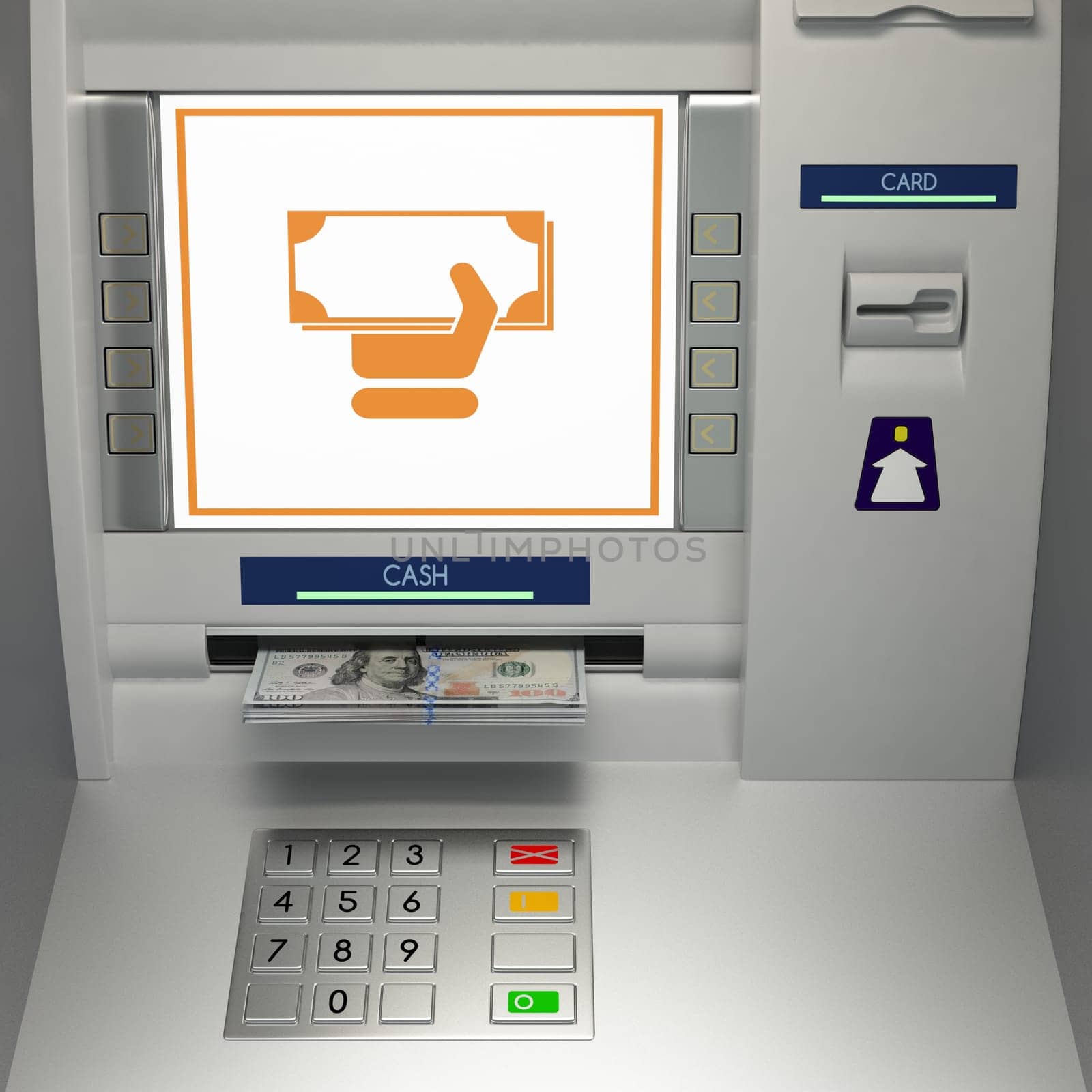 ATm machine with money withdrawal icon and banknotes in the money slot. Online payment, cash withdrawal deposit, transfer funds, giving money returning bank debt concept. 3D illustration