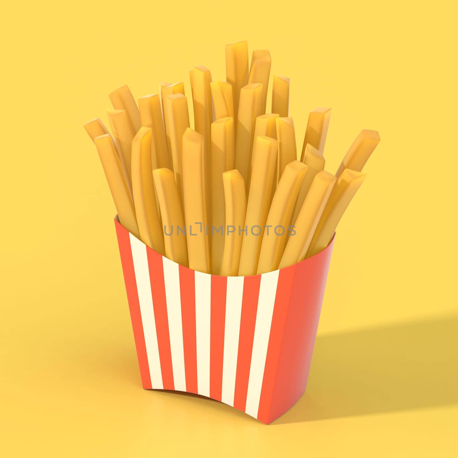Fast food french fries in a container. Generic striped fried potato chip package on yellow background. Graphic design element for restaurant advertisement, menu, poster, flyer. 3D illustration