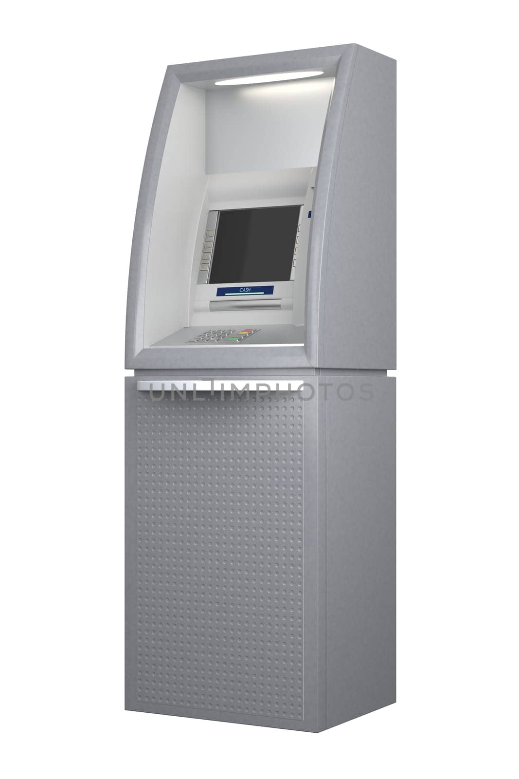 Atm machine isolated on white background, side view. Pin code safety, automatic banking, electronic cash withdrawal, bank account access concept. 3D illustration