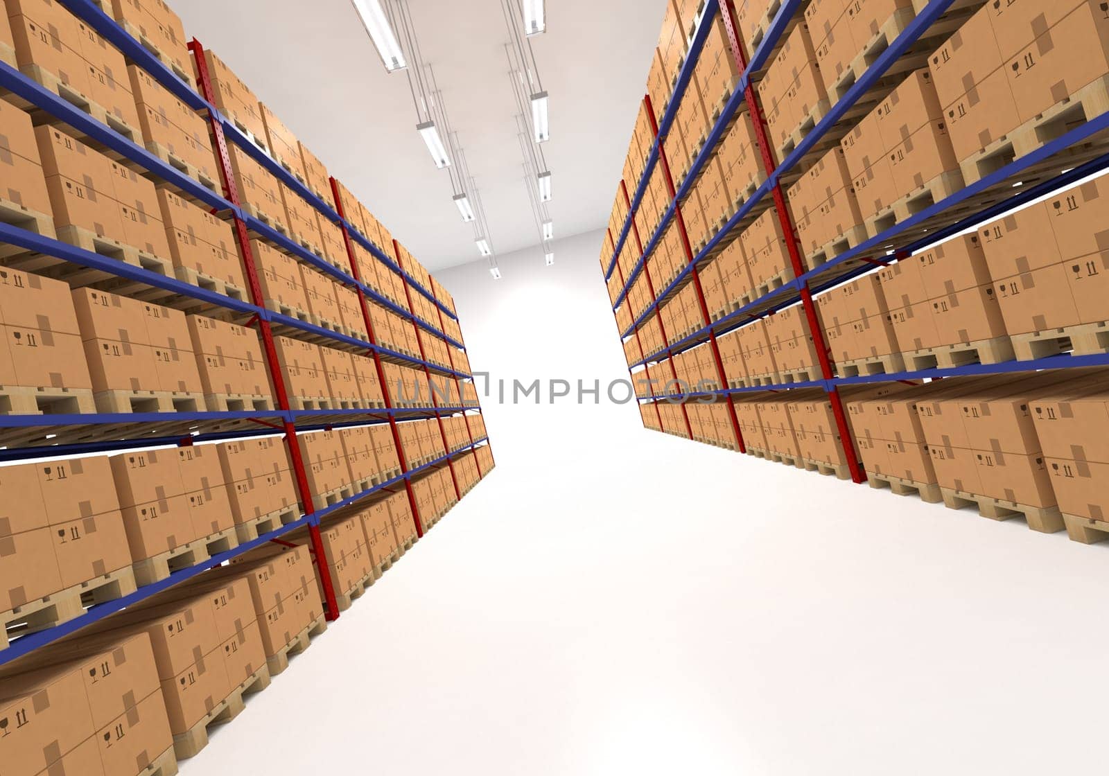 Warehouse shelves filled with large boxes. Retail, logistics, delivery and storage concept. Generic brown containers on racks lined in two rows. Passage in a big storage house. Distribution facility.