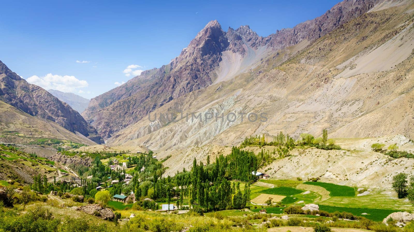 Scenic view of Yaghnob Valley and a mountain village in Tajikistan