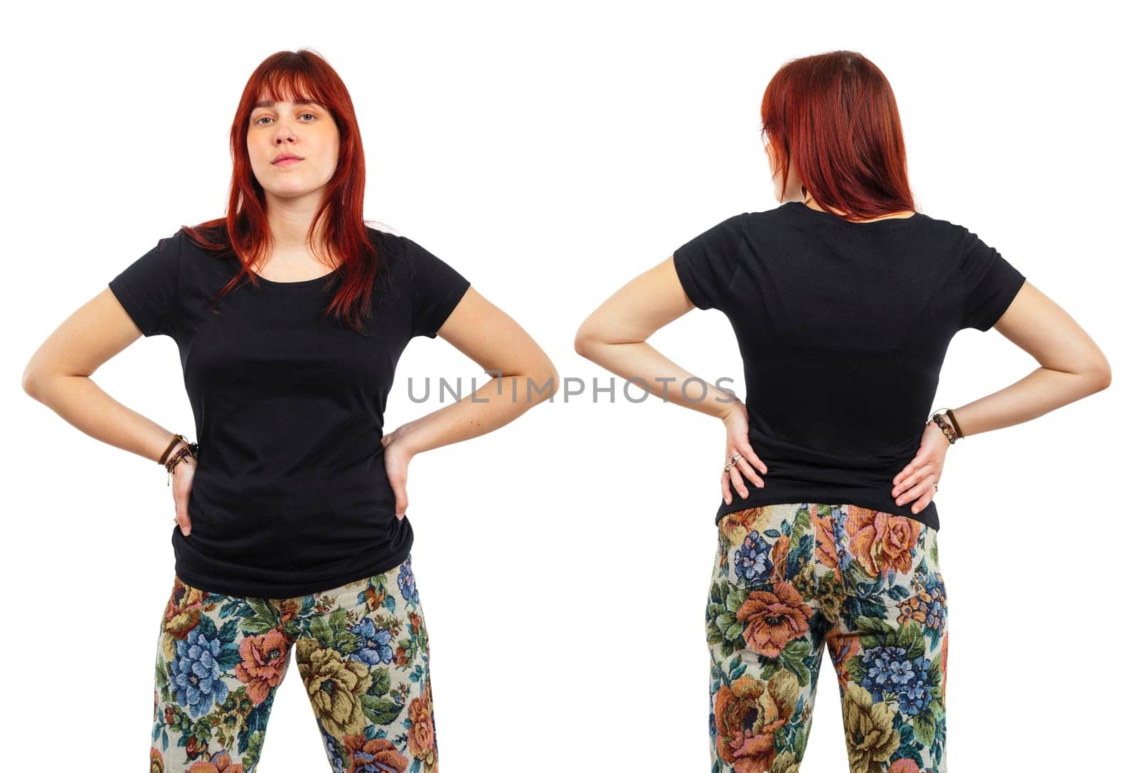 Photo of a young beautiful redhead woman with blank black shirt, front and back. Ready for your design or artwork.