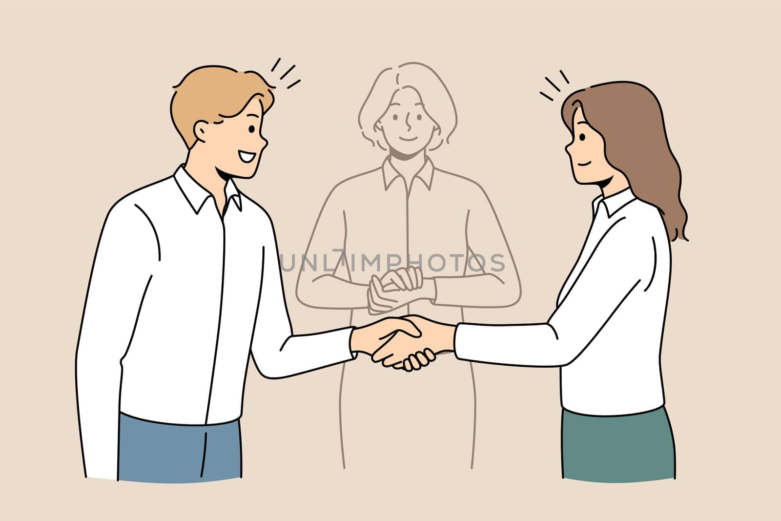 Business partners shake hands find solution with help of mediator. Happy employees or colleagues come to agreement resolve problem with impartial arbitration. Vector illustration.