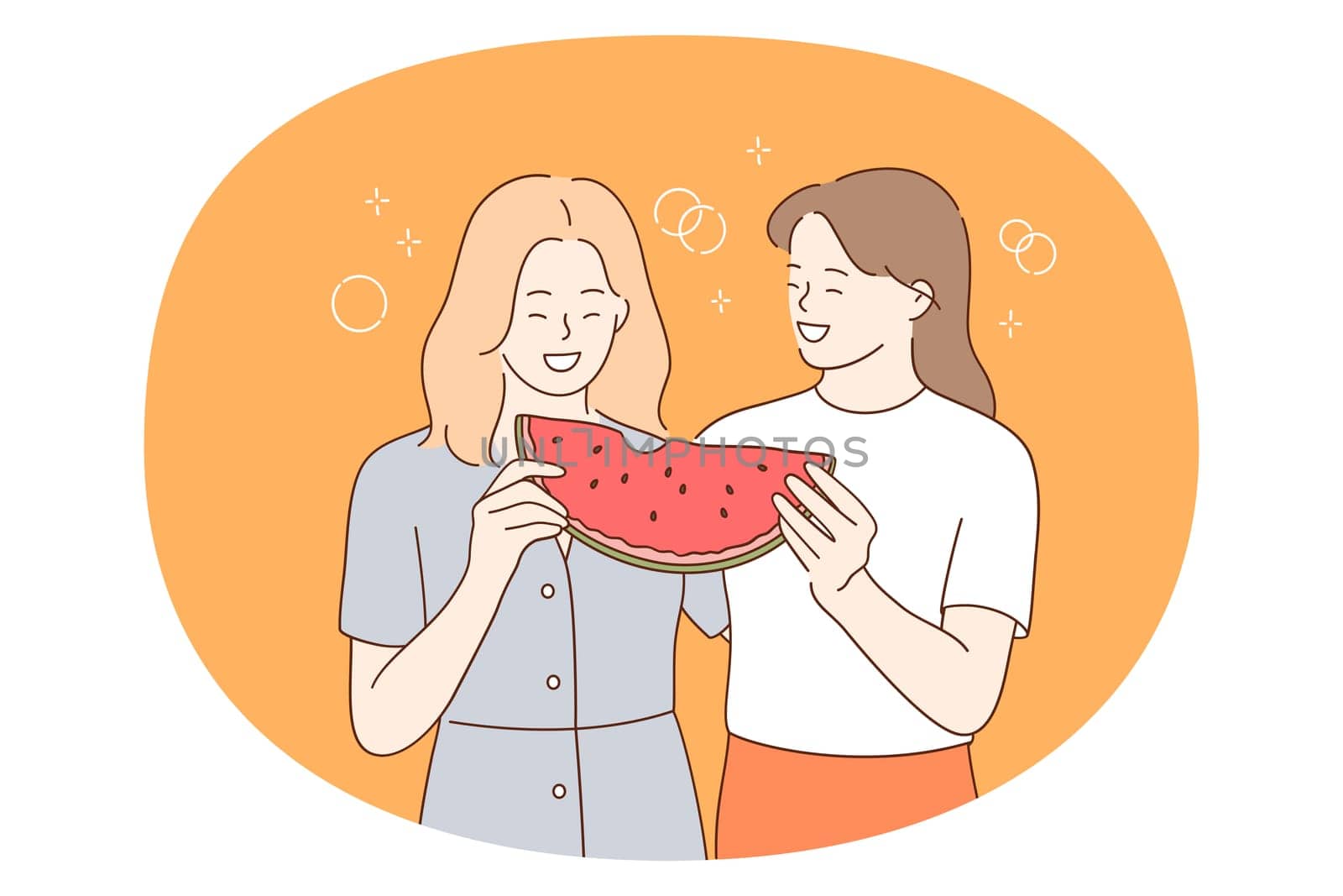 Summer healthy food and vitamins concept. Two smiling excited girls standing and eating red ripe watermelon fruit together having fun vector illustration