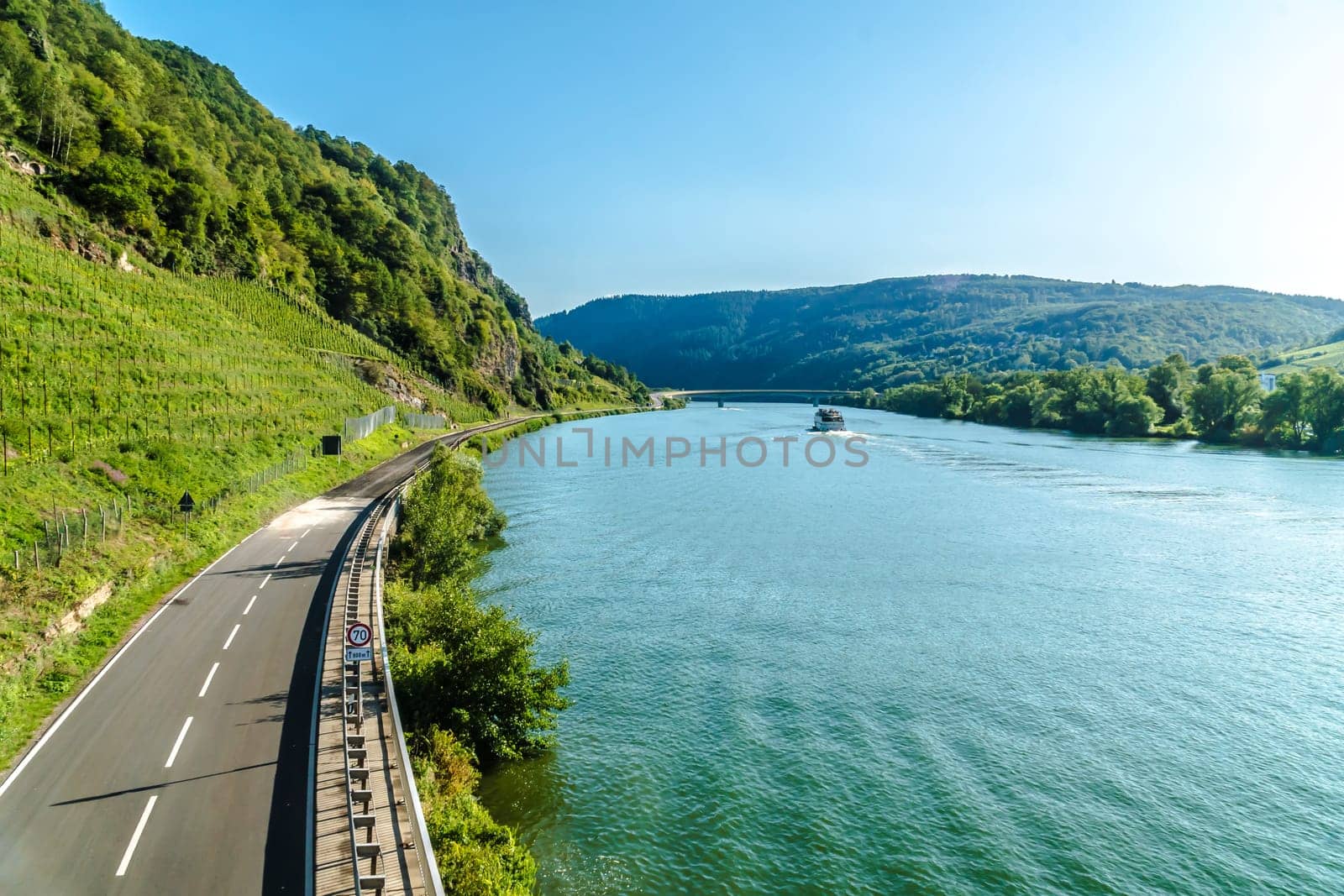 Idyllic area on the Moselle River with country road and vineyard