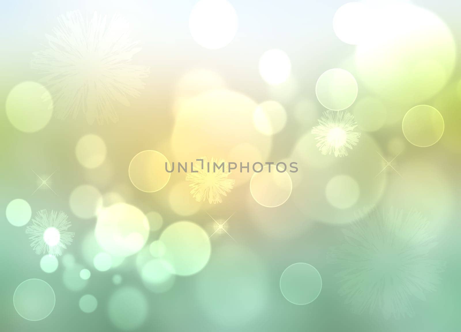 Hello spring background. Abstract delicate bright spring or summer landscape texture with natural green yellow white bokeh lights and sunshine. Beautiful backdrop with space.