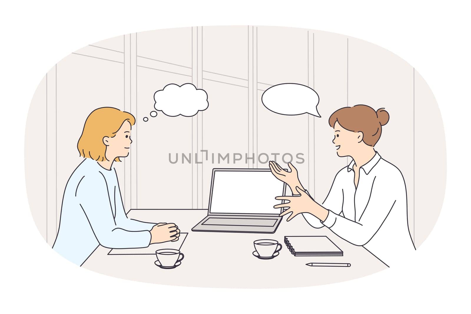 Businesswomen sit at desk talk brainstorm at office meeting. Female colleagues or business partners have negotiations or briefing. Empty copy space in speech bubble. Vector illustration.