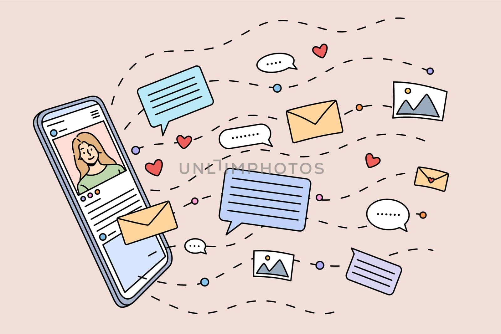 Online communication and chatting on modern cellphone device. Social media notifications and email on smartphone gadget. Communicating on internet. Flat vector illustration.