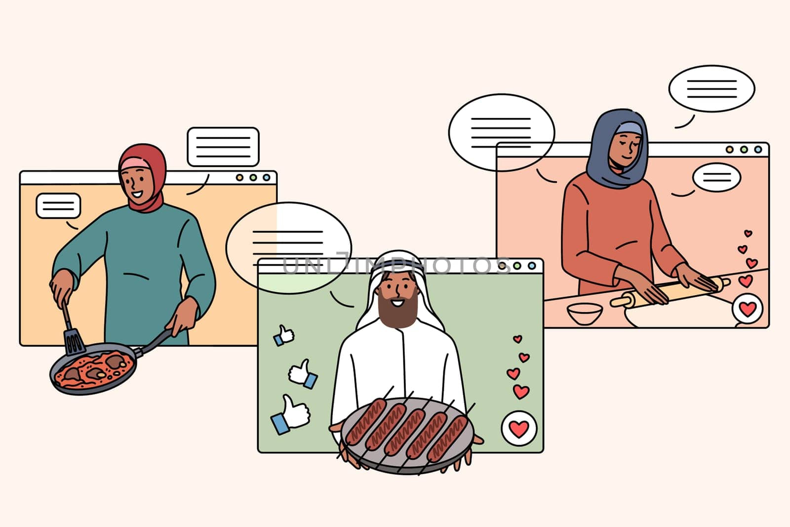 Set of diverse Arabic food bloggers on screen cooking tasty dishes on internet. Collection of arab influencers prepare traditional national meal, have class on web. Flat vector illustration.