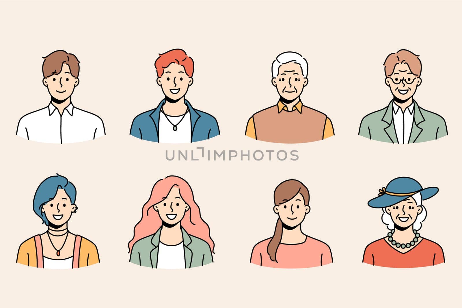 Set of diverse people of different ages and genders profile pictures. Collection of smiling young and old men and women avatar portraits and faces. Generation and diversity. Vector illustration.