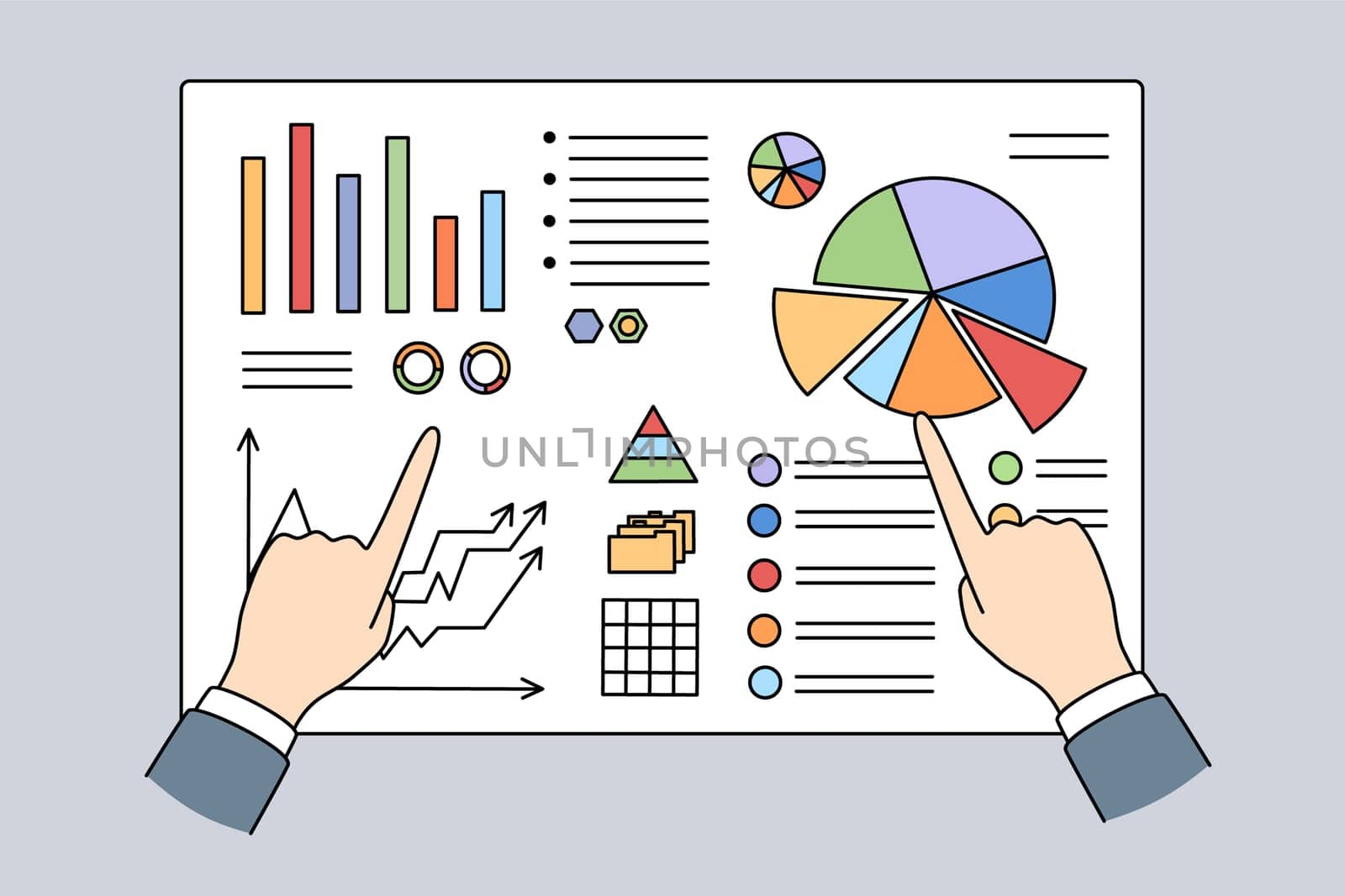 Close up of businessman and analyst hands point at graph and charts on board. Banker analyze growth and falls. Concept of analytical data and accounting. Finances and statistics. Vector illustration.