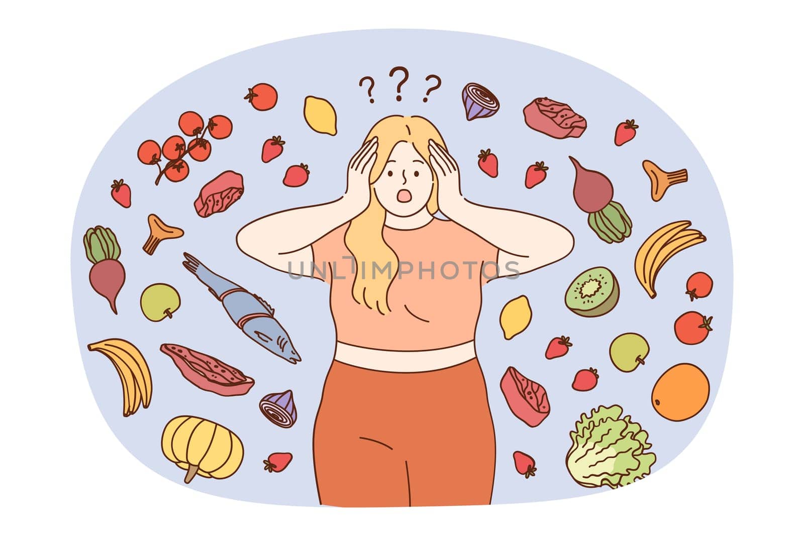 Fat woman feel confused with healthy products choice follow diet losing weight. Overweight girl stressed frustrated with vegetable organic food and meal. Weightloss. Vector illustration.