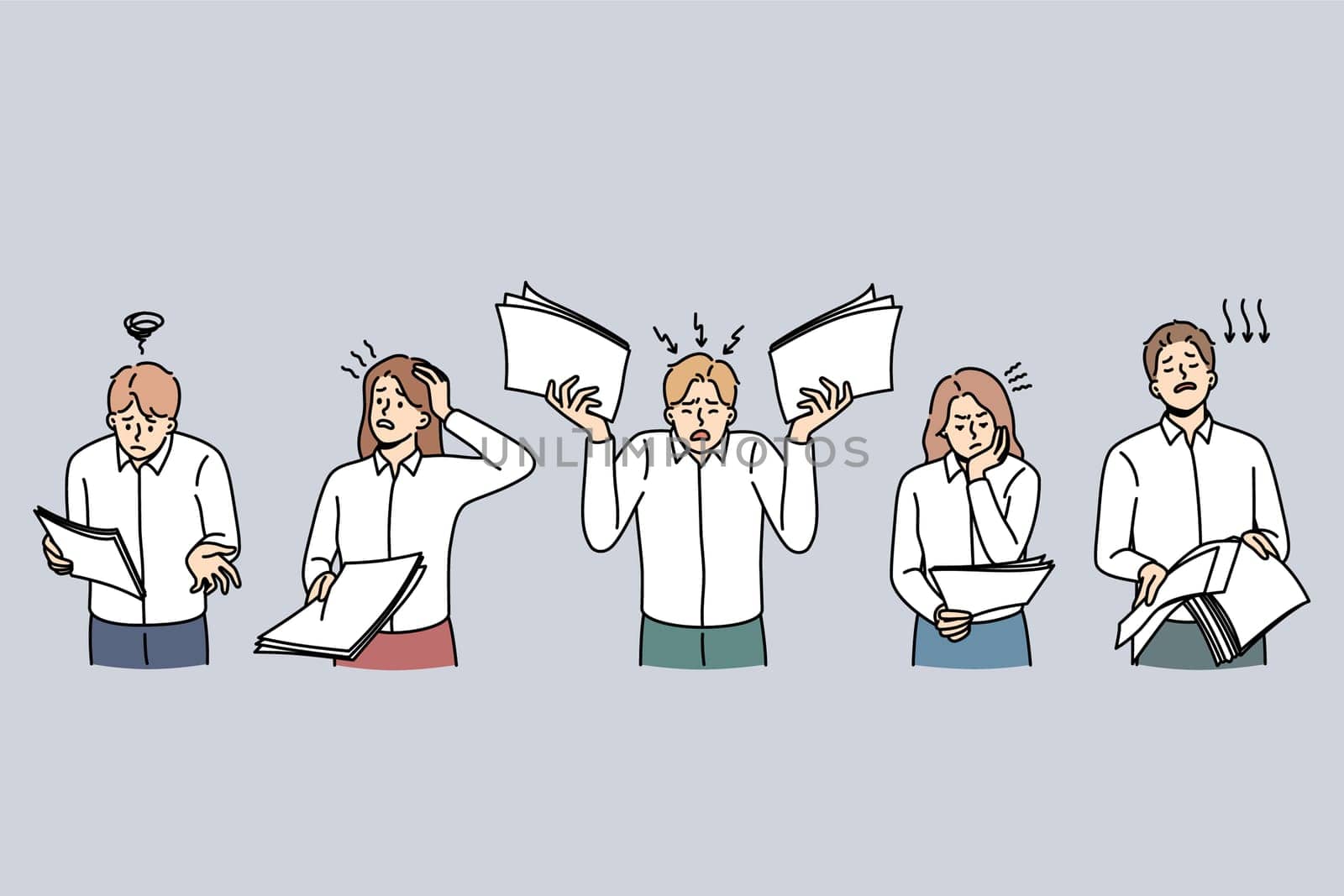 Unhappy businesspeople with paperwork frustrated with bad financial results. Upset confused employees or workers with documents failed with company statistics. Flat vector illustration.
