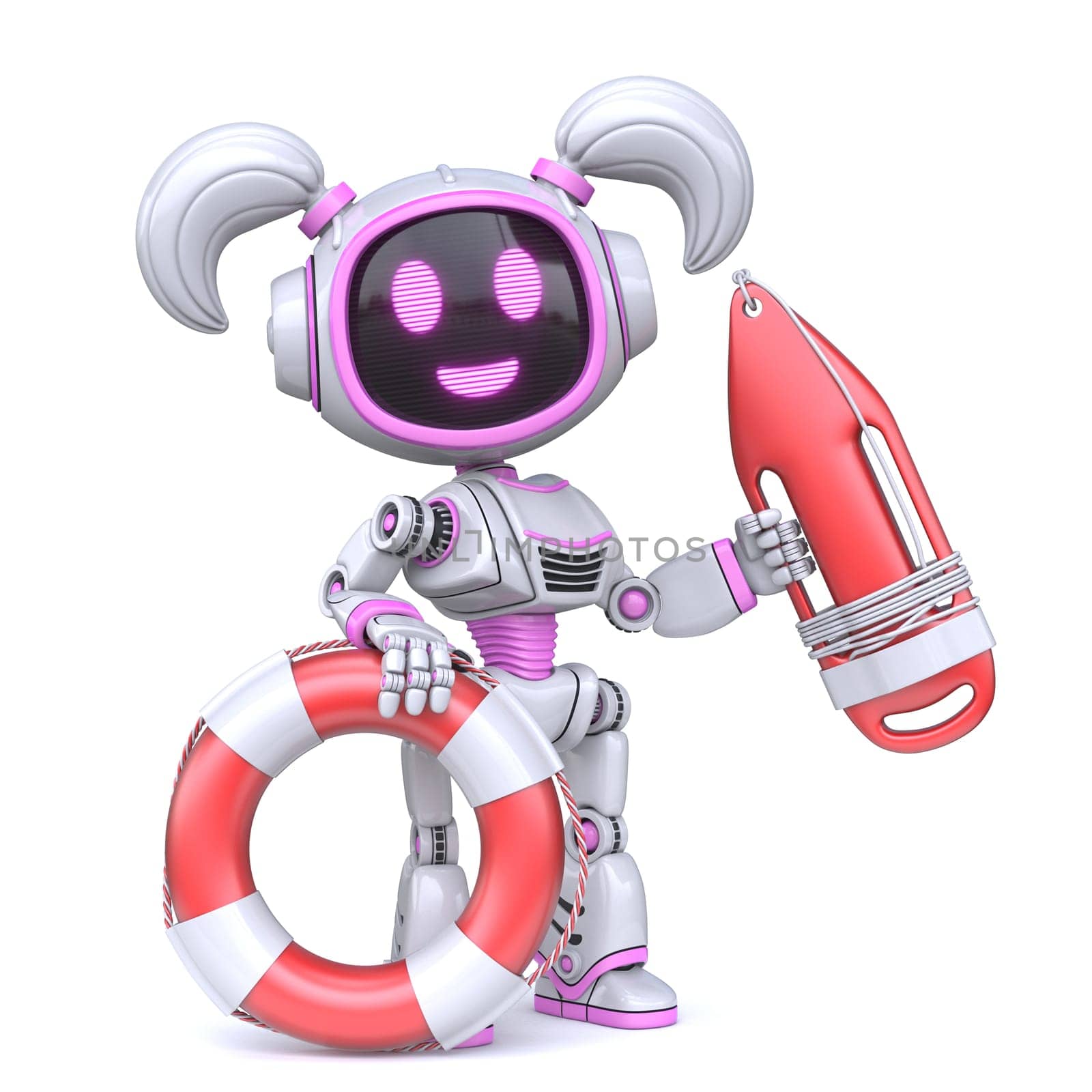 Cute pink girl robot lifeguard 3D rendering illustration isolated on white background