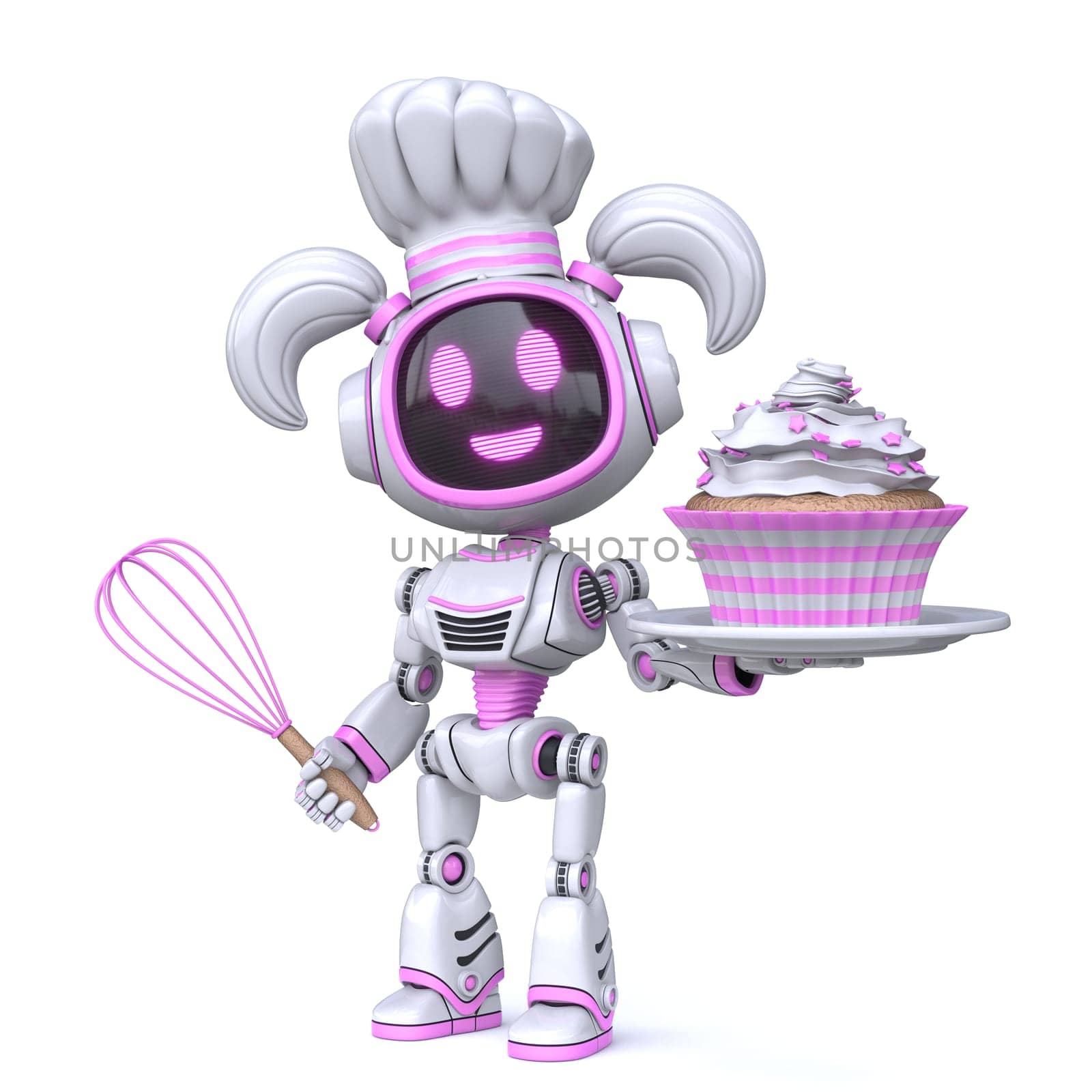 Cute pink girl robot cook cupcake 3D rendering illustration isolated on white background
