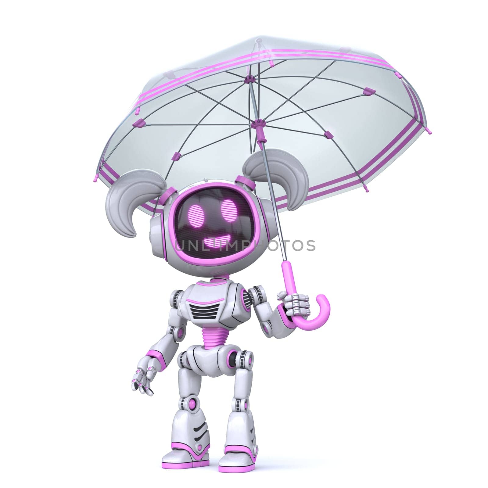 Cute pink girl robot hold umbrella 3D rendering illustration isolated on white background