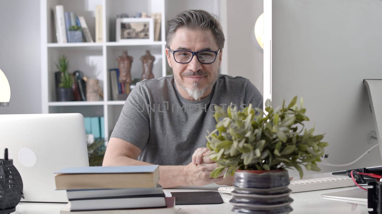 Portrait of 50s businessman with gray hair working from home. Man in casual sitting at desk in home office.