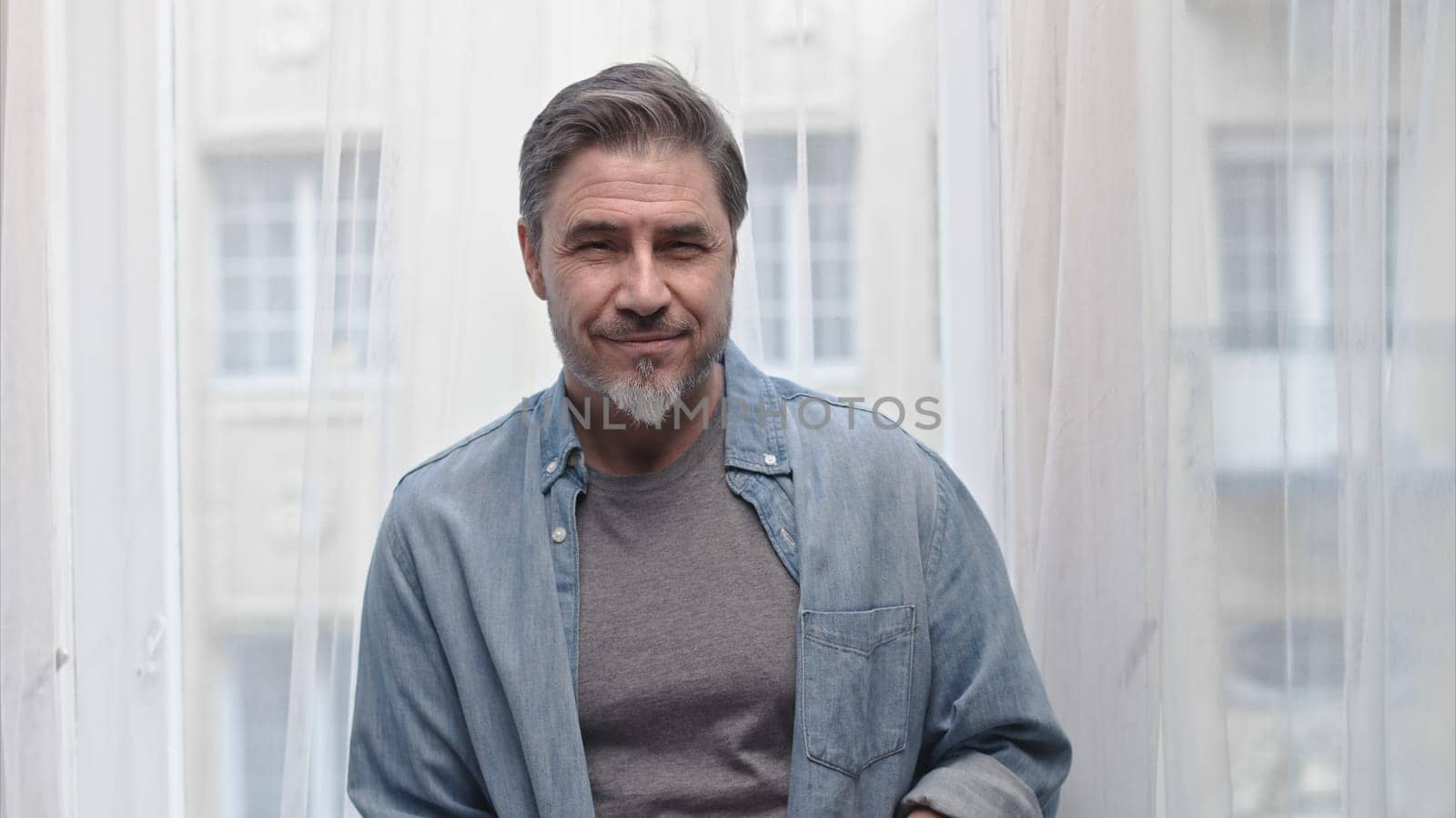 Portrait of older grey haired man standing in window at home, smiling.