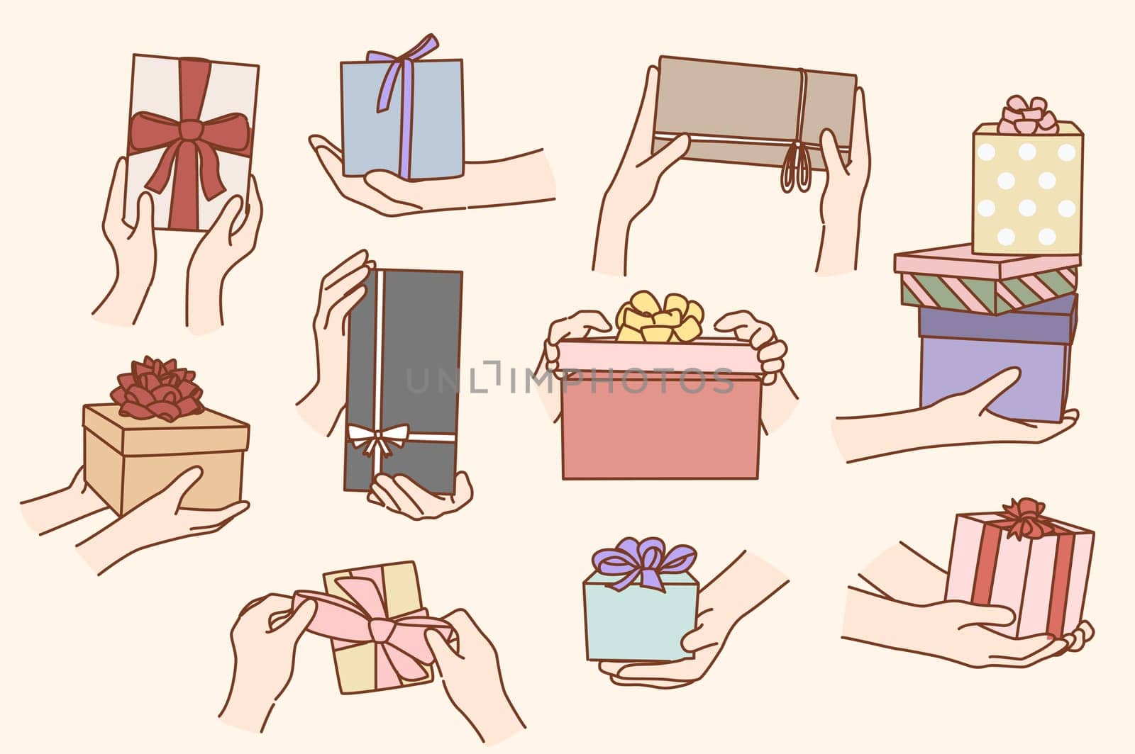 Collection of people hold boxes congratulate greet with birthday or special occasion. Set of person make surprise with gifts or presents. Congratulation concept. Flat vector illustration.