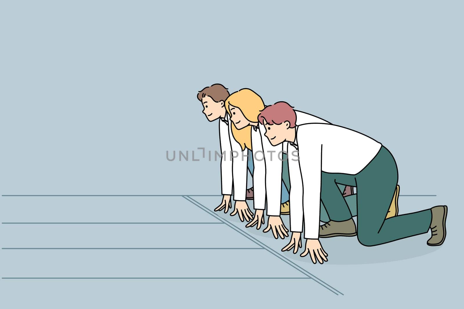 Motivated businesspeople stand at starting position ready for sprint run. Confident diverse employees or clerks compete for better position. Work rivalry or competition. Flat vector illustration.