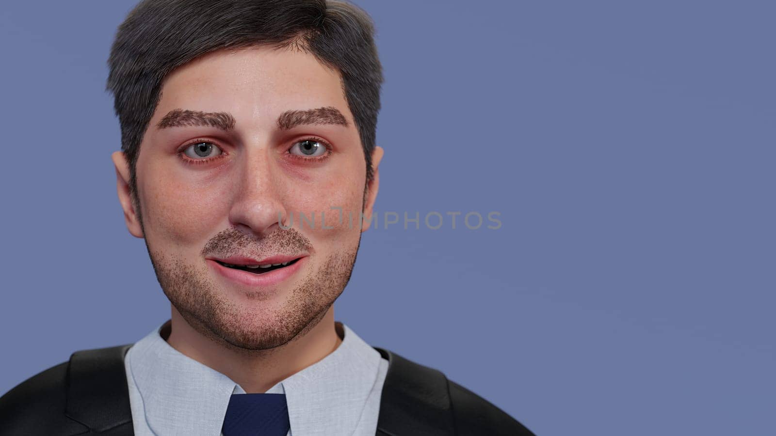 young professional success wearing suit and tie office worker close up on blue background 3D illustration
