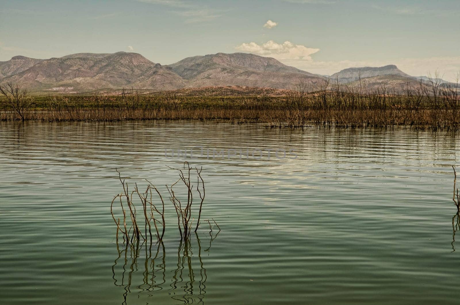 Desert mountain lake in the early morning